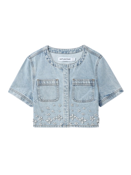 Nwt!! Self-Portrait / Size 2 ( S Or Xs ) Embellished Denim Top In Light Blue